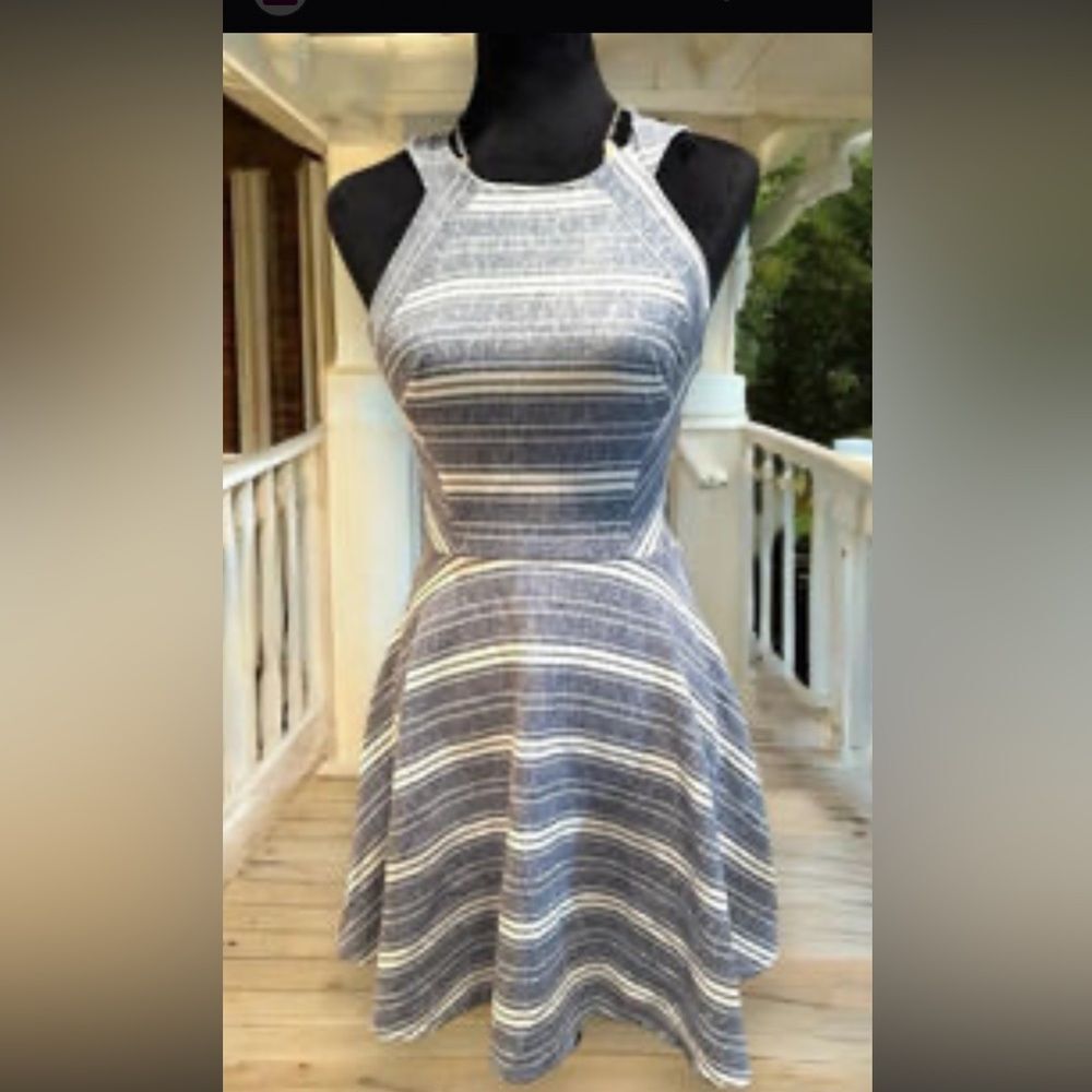 Altar'd State Striped Linen Blend Fit & Flare Sleeveless Keyhole Back mini dress